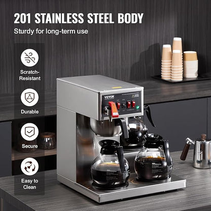 VEVOR 12 Cups Commercial Drip Coffee Maker, Coffee Maker Machine with 3 Glass Carafes and 3 Warmer Plates, Stainless Steel Pour Over Coffee Brewer with Auto Water Intake, for Restaurant Office Cafe