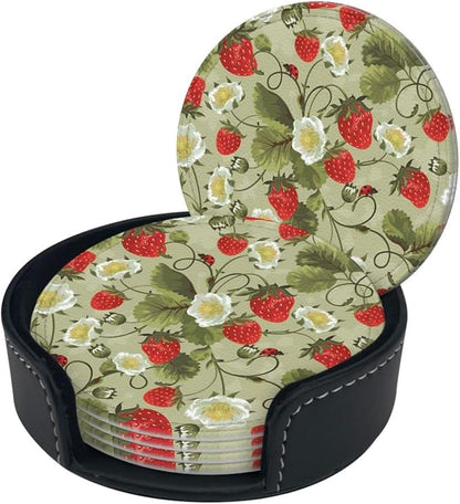 6 Pcs Strawberry Ladybug Leather Coasters