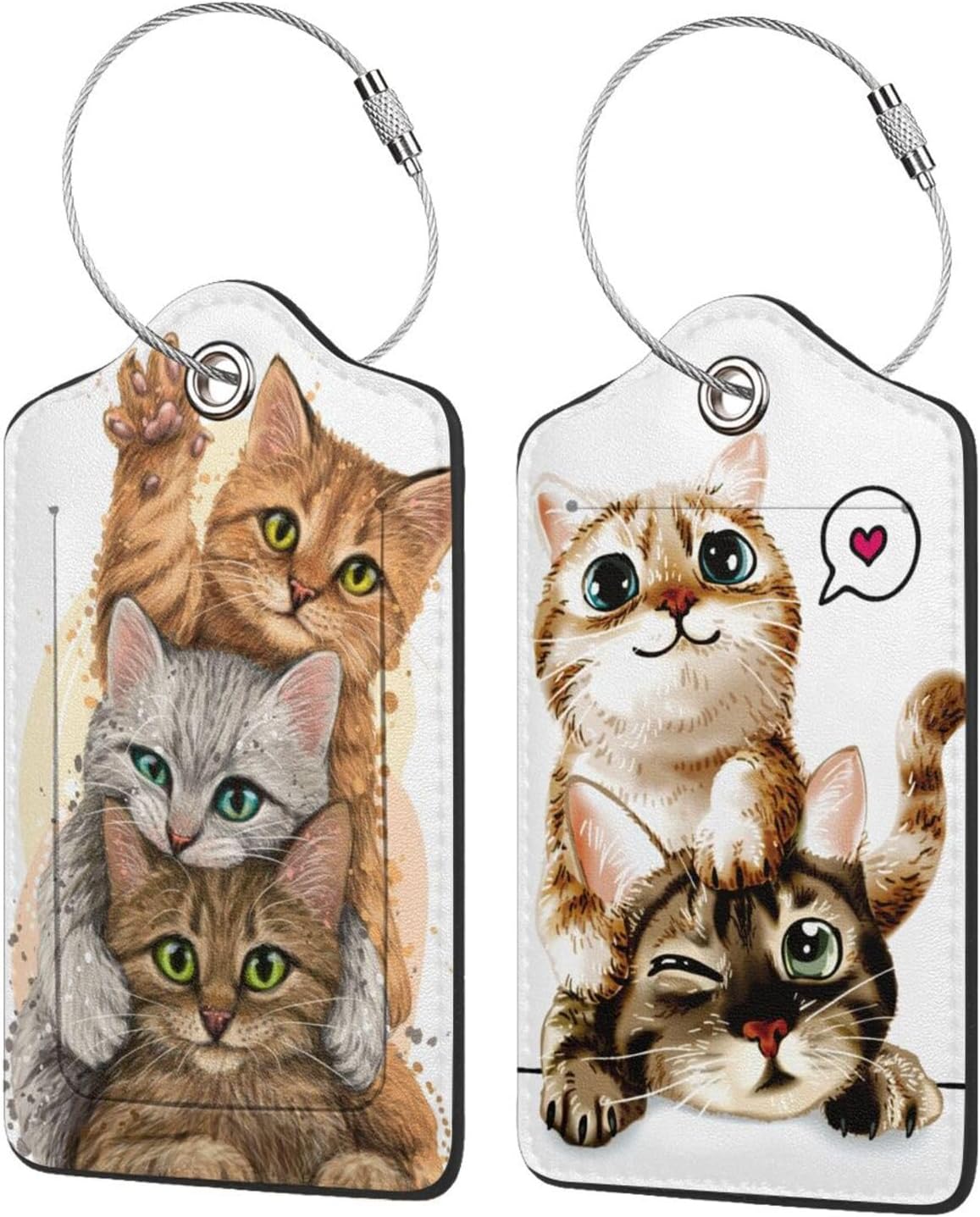 2 Pack Luggage Tags for suitcases Cute Funny cat Luggage Tag, Leather Stainless Steel Loop Label Tag for Men Women Travel Bag Suitcase（2 cat）