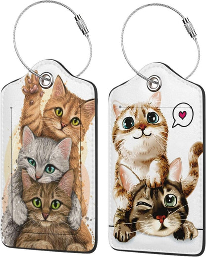 2 Pack Luggage Tags for suitcases Cute Funny cat Luggage Tag, Leather Stainless Steel Loop Label Tag for Men Women Travel Bag Suitcase（2 cat）