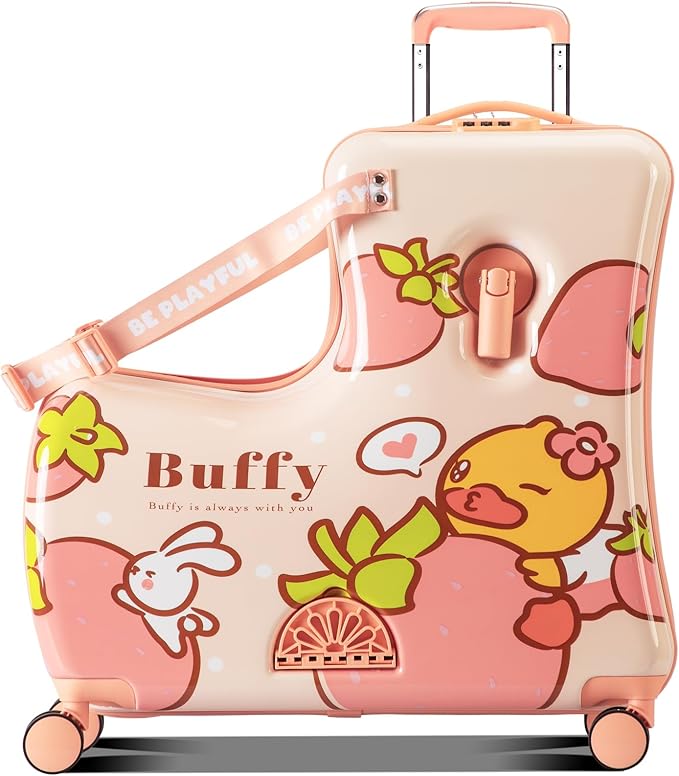 Kids' Lightweight Ride on Luggage with Spinner Wheels & Foldabe Design (Pink Strawberry, 24"+ Aged 3-12 Toddler)