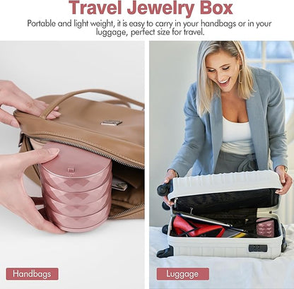 CONBOLA Travel Jewelry Case Box, Small Jewelry Organizer Earring Holder for Women, 5-Layer Rotating Jewelry Storage Tray with Lid for Bracelets Rings Bracelets