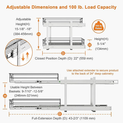 ALINE FURNITURE 2-Tier Pull Out Cabinet Organizer - 20" W x 22" D Soft Close Pullout Shelves with Shelf Liners - Slide Out Drawers for Kitchen Cabinets, Pantry, Bathroom, Heavy Duty Steel Wire Baskets