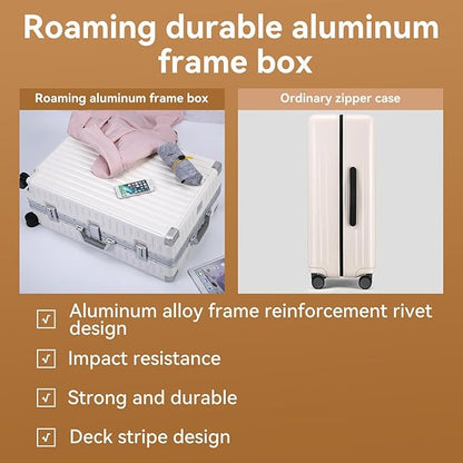 ROAMING Zipperless Luggage 28 Inch with Aluminum Frame, Checked-Large Lightweight 3-Layer PC Hard Shell Suitcase with Spinner Wheels, Metal Travel Luggage with Three TSA Locks, Shell white