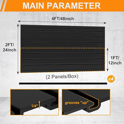 DoCred Slatwall Paneling Organizer, 4x2 FT PVC Garage Slat Wall Storage Systems, Heavy Duty Mounted Slat Peg Board for Tool Organization Ladder Bike Rack (Black)