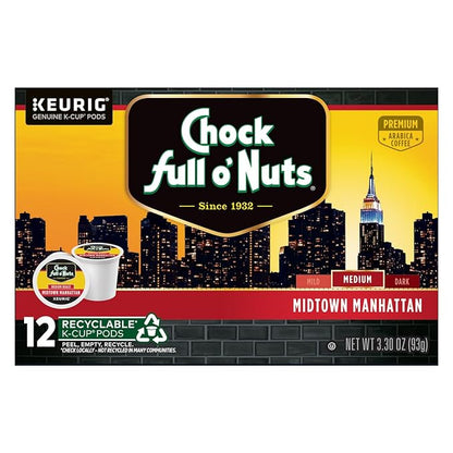 Chock Full o' Nuts Midtown Manhattan Keurig K-Cup Pods for Keurig Brewers – Premium Arabica, Medium Roast – Single Serve – 6 Packs of 12 K-Cup Pods