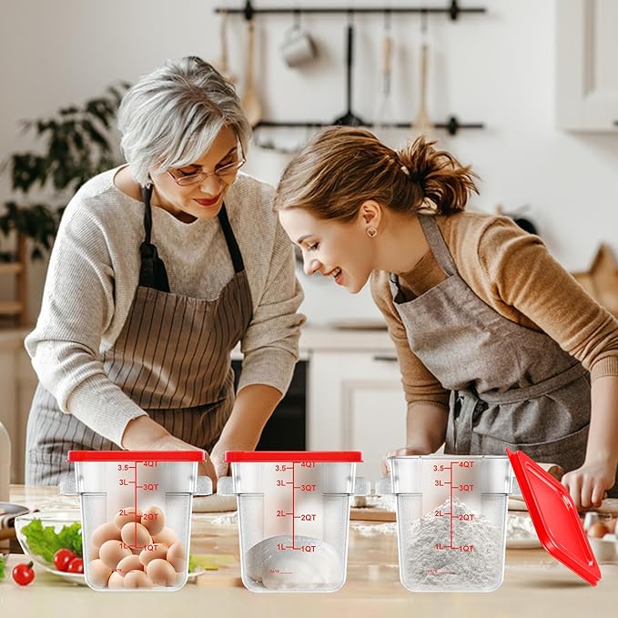 4 pcs 4qt Food Storage Containers with Lid, Square Clear Commercial Food Storage Containers with Handle and Scale for Food Storage in Home Kitchen & Dining (Red)