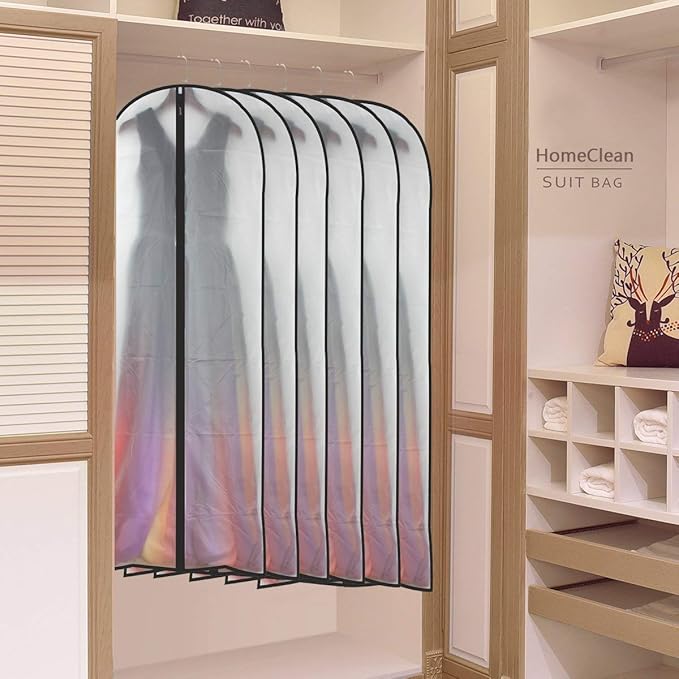 Hanging Garment Bag (Set of 6) Lightweight Clear Full Zipper Black Dress Bags PEVA Garment Breathable Bags Cover for Closet Clothes Storage (24'' X 60'', Black)