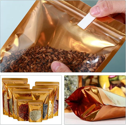 150-pack 7” x 10” 1 Quart Stand Up Mylar Bags with Clear Window Resealable Foil Pouches for Food Storage Smell Proof Edible Packaging Zip Bag for Jewelry and Small Business Bulk, Golden