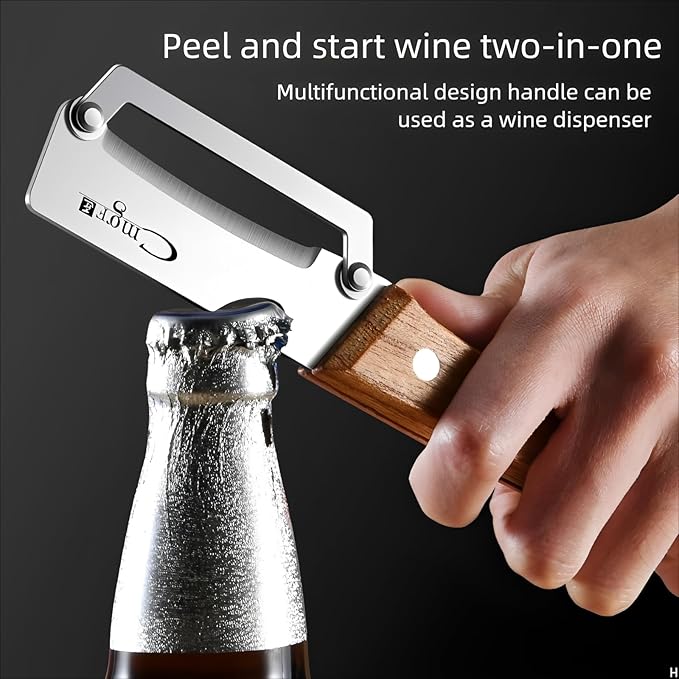 Premium Vegetable Peeler with Wooden Handle and Bottle Opener Stainless Steel Blade Kitchen Tool for Fruit Apple Potato Pumpkin Papaya Zucchini
