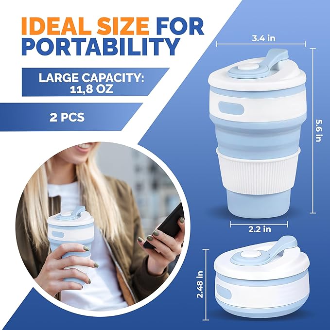 2-Pack Collapsible Coffee Cup Reusable – 12oz Leakproof Travel Coffee Mug, Silicone, Foldable & Portable for Hiking, Camping, Office | Lightweight, Heat-Resistant, Easy to Clean, Outdoor & Travel Cup