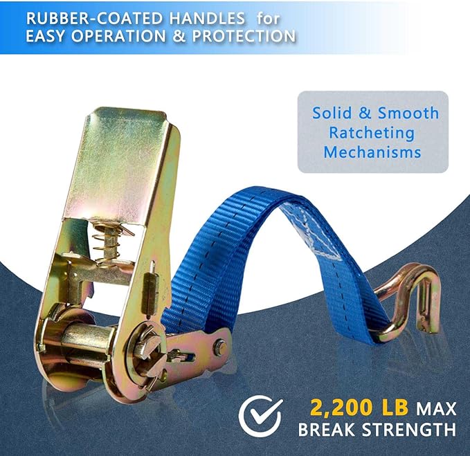 Ratchet Straps (4-Pack), 1 Inch x 16.4 Feet (2200lb Break Strength) with Sturdy Metal Hooks, 1x Work Gloves, Heavy Duty Tie Down Straps for Truck, Cargo Trailer, Motorcycle, Luggage, Moving (Blue)
