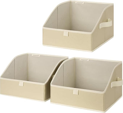 StorageWorks Closet Storage Bins, Trapezoid Organizer Box for Shelves, Fabric Clothes Bin, Foldable Organizing Baskets with Handles, Small, Light Brown, 3-Pack