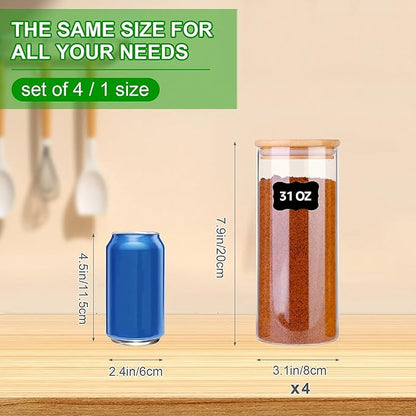 Glass Food Jars with Lids,31oz Glass Storage Containers with Airtight Bamboo Lids,Round Glass Canister Set of 4, Pantry Organizers and Storage for Cookie Flour Oat Pasta Tea Coffee Bean