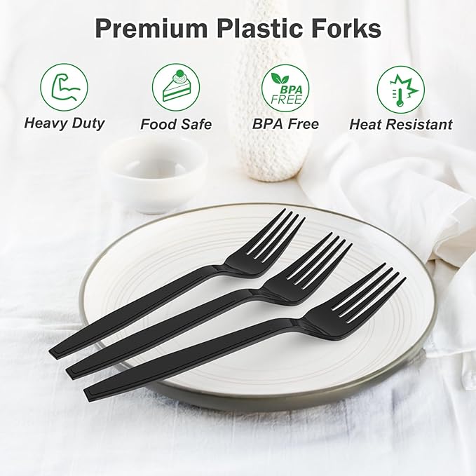360 Count Extra Heavy Duty Black Plastic Forks Disposable, BPA-Free, Heat Resistant, Solid and Durable Disposable Forks Bulk, Premium Plastic Forks heavy duty for Party Supply