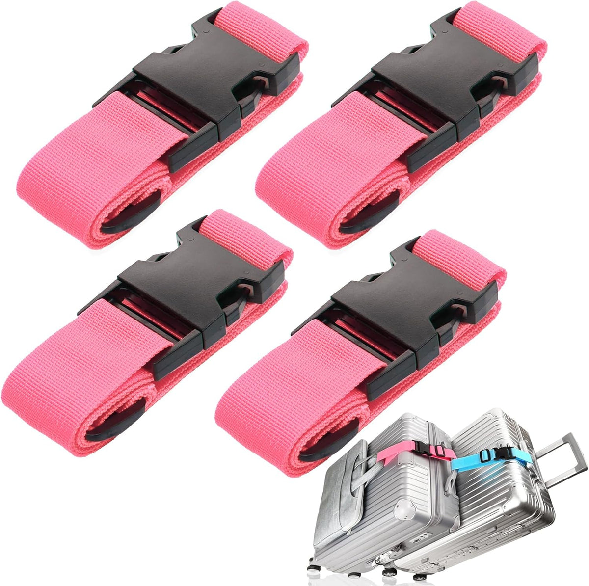 4Pack Luggage Straps for Suitcases, Travel Connector for Carry On Bag, Add Bag to Connect Two Suitcases, Adjustable Belt Attachment Accessories for Connect Your 3 Luggages, Pink
