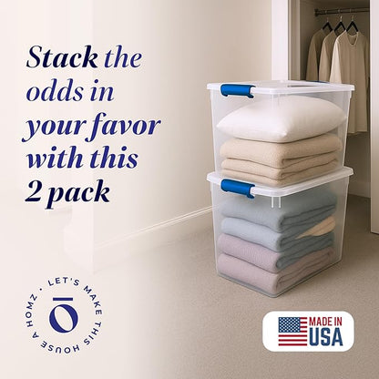 HOMZ 2-Pack Latching Lid, Clear Plastic Storage Organizer Bins, 112 Quart, Blue Latch - Stackable Organizing Containers for Home, Garage, and Office
