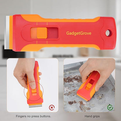 Upgraded Razor Blade Scraper with 10pcs Blades and 3Pcs small wire brushes,Scraper Tool for Cleaning Glass Window, Cooktop, Oven, Stove Scraper, Razor Scraper with Buit-In Blade Storage, Orange