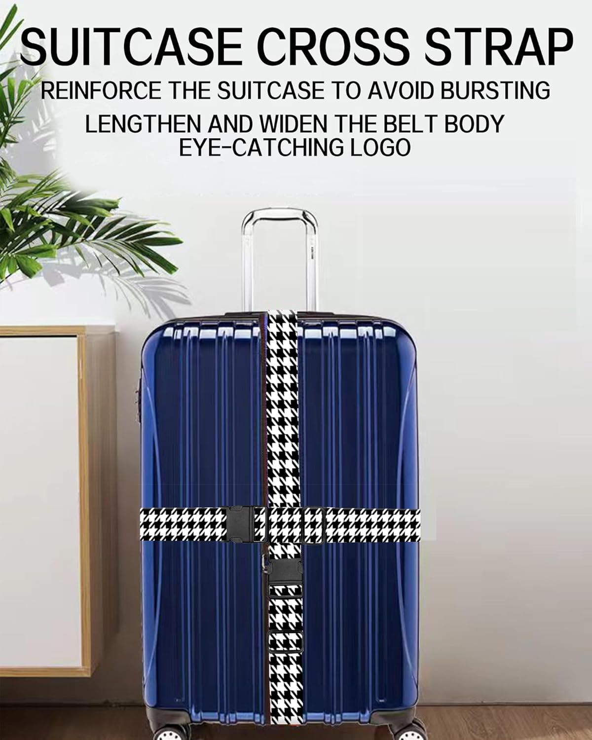 Luggage Straps for Suitcases, Adjustable Travel Belt, Durable Wide Luggage Strap, Cute Suitcase Strap Identifiers with Buckle, Bag Straps for Luggage, Black White Houndstooth