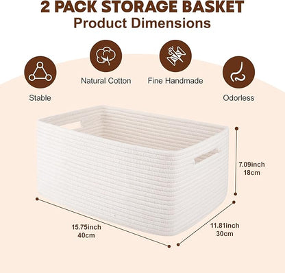 OIAHOMY Storage Basket for Shelves, Closet Cube Storage Bins Baskets for Clothes Blanket Towels, Baby Nursery, Toy Baskets Box, Woven Rope Basket, 15.75*11.81*7.09 IN, 2 Packs White