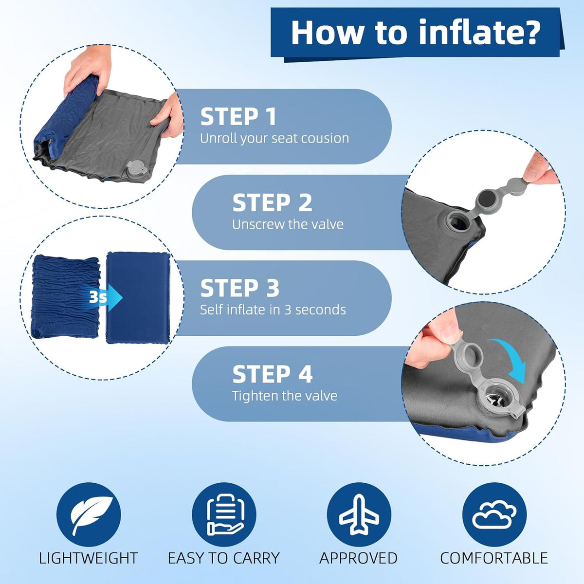 Inflatable Seat Cushion, Lightweight Self-Inflating Memory Foam Seat Cushion for Stadium Camping, Airplane Travel, Bleachers, Waterproof Portable Cushion Chair Pad with Carry Bag (Blue Grey)