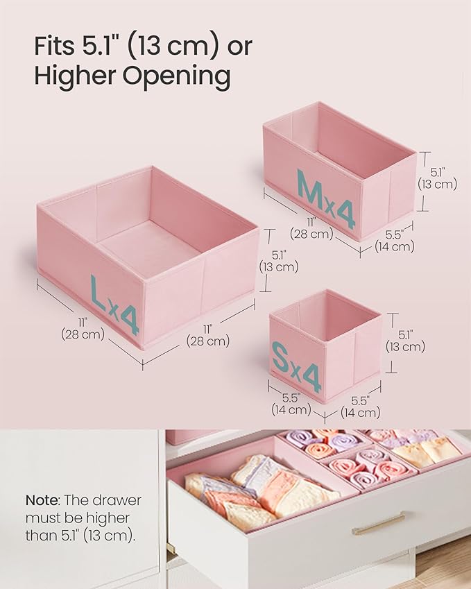 SONGMICS Drawer Organizers, Dresser Divider Organizers, Set of 12, Foldable Fabric Storage Boxes for Socks, Underwear, Bras, Ties, Scarves, Jelly Pink URDZ006R01