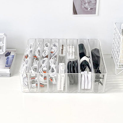 Yesesion Clear Cord Organizer Box for Desk Drawer, Plastic Cable Storage Container with Adjustable Compartments and Wire Ties for Phone Charger, Battery, Art Crafts, Electronics Accessories Case