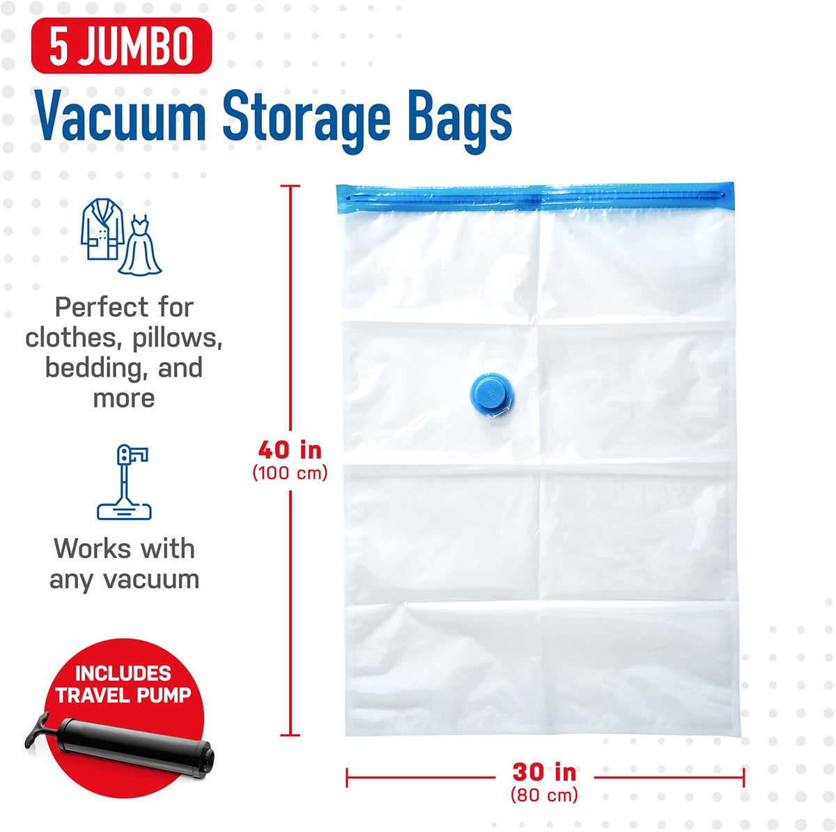 5 Pack Jumbo Vacuum Storage Bags for Comforters, Blankets & Clothes – Jumbo Vacuum Sealed Compression Bags with Hand Pump – Space Saver Storage Bags for Bedding, Moving, Travel & Organization