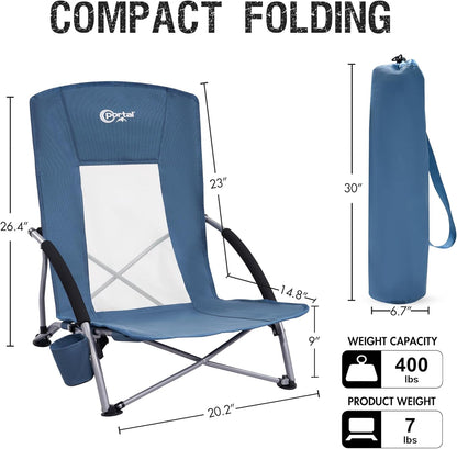 PORTAL Beach Chairs for Adults Camping Low Lightweight Portable Chair with Cup Holder Mesh Back Carry Bag for Outdoor Sand Lawn Travel Picnic Festival Concert, 350LBS