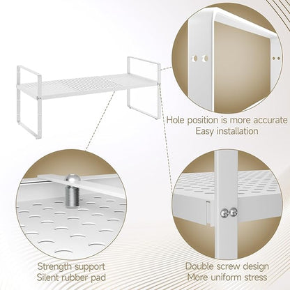 Hole Pattern Expandable Shelf Organizer,2Pack 8.1" Wide Easy to Assemble Cabinet Organizer Shelf, 16.5~27.1" Adjustable Height&Stackable Spice Organization for Cupboard, White