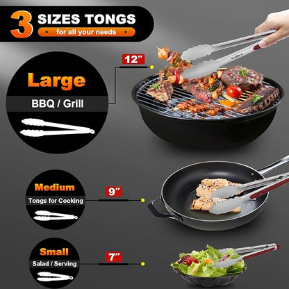Walfos Stainless Steel Kitchen Tongs - 7, 9 & 12 Inch Heavy Duty Locking Metal Tongs for Cooking, BBQ Grilling, Set of 3 Non-Slip Grip (Wine Red)