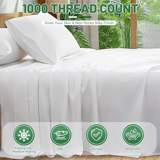 100% Egyptian Cotton Sheets Cal King Sheet Set 1000 Thread Count Sateen Weave Soft Breathable 16-Inch Deep Pocket 4PCS（California King,White）