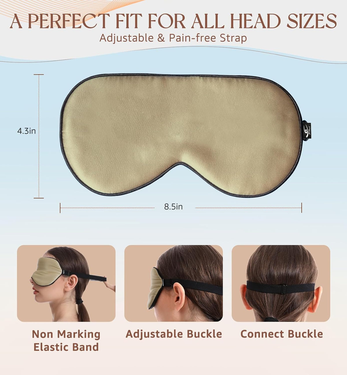 HiRui Silk Sleep Mask, 100% Natural Mulberry Silk of Double-Sided & Inner-Filling, Ultra-Smooth Soft, Adjustable Strap, Blocks Light for Night Sleeping, Travel, Office Naps (Khaki)