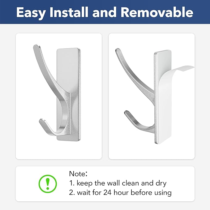 Stick on Hooks for Hanging, Extra Sticky 6KG (Max), Coat Hook on Door for Towel Coat Hat Key, Self Adhesive Hangers Wall Mounted, Silver, 6 Pack