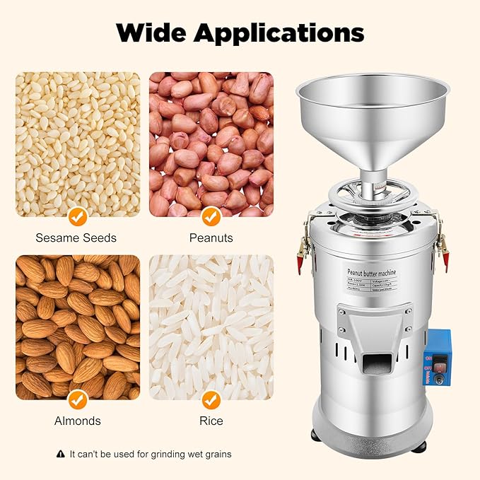 Electric Grain Grinder, Peanut Butter Maker Machine Sesame Sauce Grinder 110V 1100W Low Noise Household/Commercial Mill, High-Speed Grinding for Dry Ingredients like Herbs Spices Coffee Corn Beans