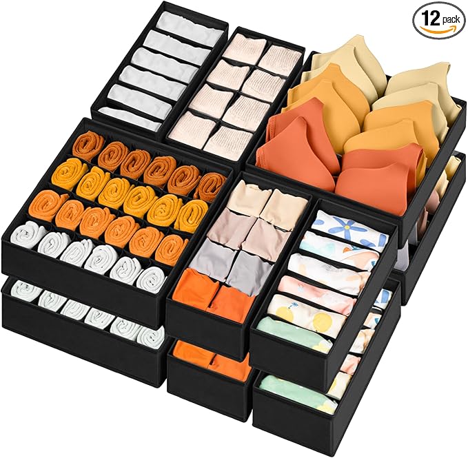 12 Pack Drawer Organizers, 116 Compartments Fabric Foldable Dresser Drawer Organizers for Clothing, Closet Organizers and Storage Bins for Clothes, Christmas Ornament Storage Boxes with Dividers