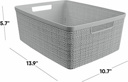 Curver Jute Decorative Plastic Organization and Storage Basket Perfect Bins for Home Office, Closet Shelves, Kitchen Pantry and All Bedroom Essentials, (Set of 6), Grey, Medium