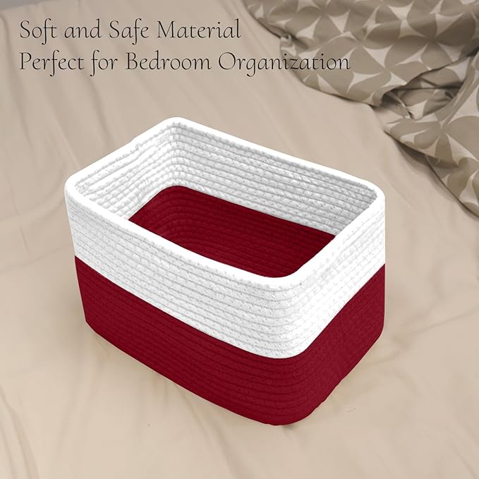 Hopegiver Woven Storage Baskets 11x8x7 Inch, 3 Pack Collapsible Cube Storage Bin for Shelves - Foldable Cotton Rope Organizer Bins for Towels, Toys, Books, Closet, Nursery (White Red)