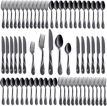 Black Silverware Set for 12, 60-Piece Stainless Steel Flatware Set, Shiny Black Metal Cutlery Set, Include Fork, Knife and Spoon Set, Dishwasher Safe