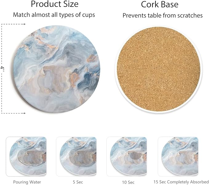 Set of 6 Abstract Blue Marble Coasters with Holder, Absorbent Ceramic Coasters for Drinks, Coasters with Cork Backing for Table Protection, Housewarming Gifts for New Home