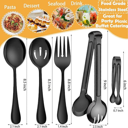 10 PCS Stainless Steel Serving Utensils, Large Serving Spoons Slotted Spoons, Serving Forks, Serving Tongs, Ice Suger Tongs, Metal Utensils Set Great for Buffet Catering Banquet Party (Black)