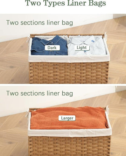 Storage Basket with Lid Rattan Storage Basket with 2 Separate Lid, 27.8 Gallon (105 L) 25.2 * 15.4 * 16.1 Inches Woven Wicker Baskets with 2 Liners and Handles for Bedroom Laundry-Natural