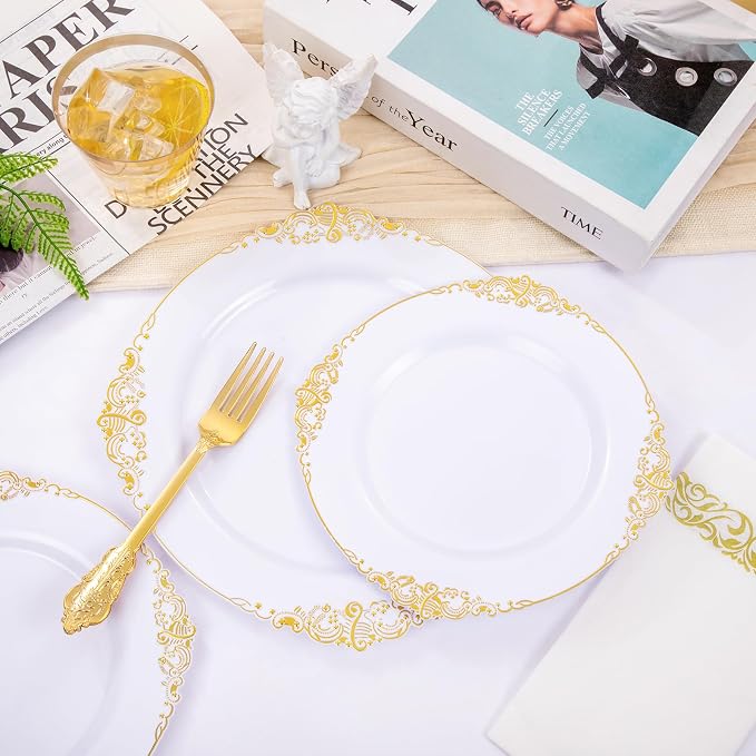 210 Pcs White Gold Plates for Party | White Party Plates Set for 30 Guests