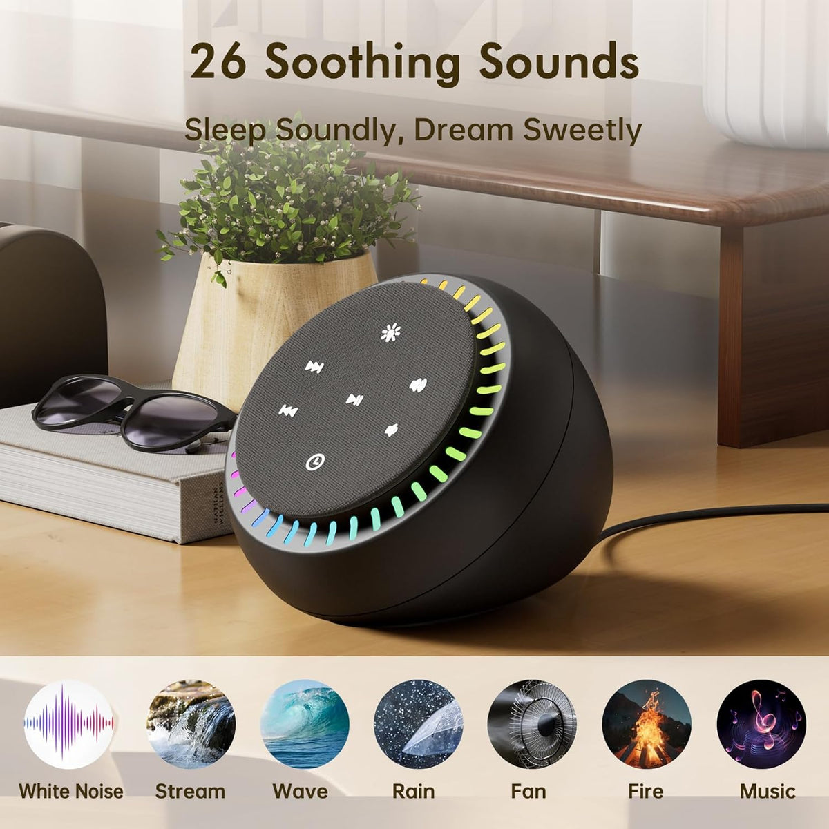 DreamSky Sound Machine for Sleep, White Noise for Sleeping Adults & Baby, Brown Noise Fan for Office Privacy & Noise Canceling, 26 Sounds & RGB Night Light, USB-C Powered for Home Travel