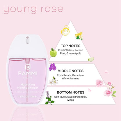 PAMMI Power Mist Hydrating Hand Sanitizer Spray, Portable Travel Size Pocket Hand Sanitizer, Scented Handsanitizer Mini Spray For Car - 600 Sprays (2 Packs (Rose and Peach))
