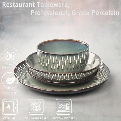 Dinnerware Sets 16 Pieces - Round Reactive Glaze Tableware - Kitchen Dinnerware Porcelain Crockery with Dinner Plate, Bowl and Soup Plate Service for 4, Microwave Dishwasher Safe, Set No.1