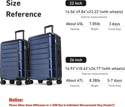 KYME Luggage Sets 2 Piece Hardshell 22"/26" Suitcase with Spinner Wheels Hardside Suitcases Sets with TSA Lock Lightweight Travel Luggage Set with Cup Holder for Women Men Navy