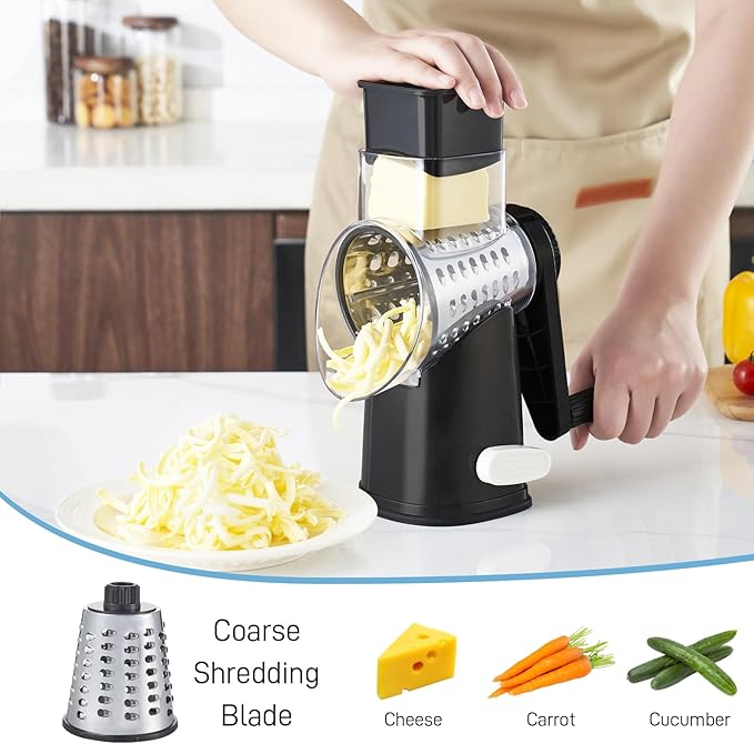 VEKAYA Cheese Grater, Cheese Grater Hand Crank, 4 Interchangeable Blades Cheese Shredder, Vegetable Slicer, Non-slip Suction Base, Easy to Clean Rotary Grater with Handle (Black)