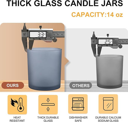 SHOWIN 14 OZ Thick Candle Jars for Making Candles 12 Pcs, 3 Wick Empty Jars with Wood Lids for Candle Making, Sample Container, Frosted Grey