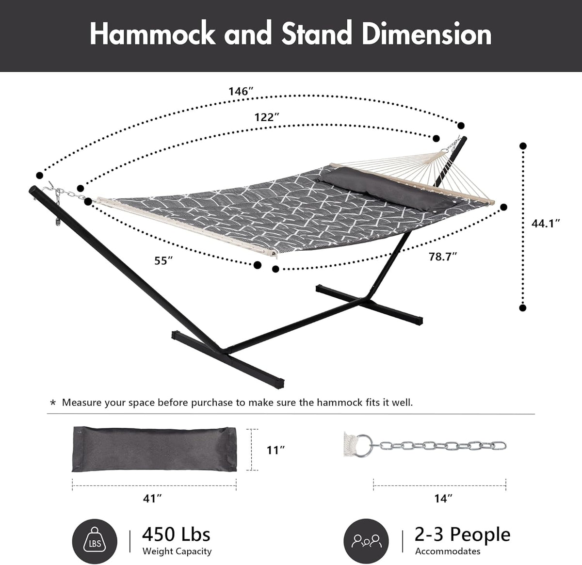 ANOW Double Hammock with Stand Included, 2 Person Hammock with Stand for Outside, 450 LBS Weight Capacity, Gray Cube